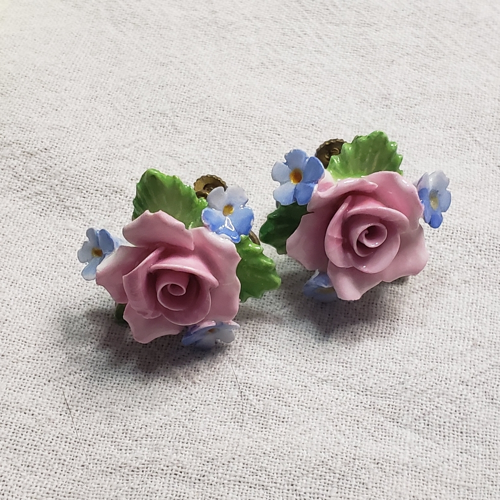 Vintage Floral Porcelain Screw Back Earrings with Pink Roses and Blue Pansys